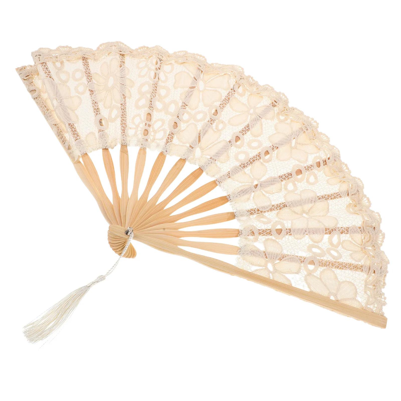 19 Inch Lace Folding Hand Fan Elegant Beige Bridal Bamboo Frame Tassel Wedding Party Festival Decorative Hand Fan Bamboo Folding