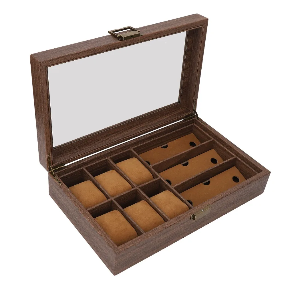 Wood Grain Watch Storage Box Multi Slot Transparent Glass Lid Jewelry Organizer Box Metal Latch Soft Inner Lining
