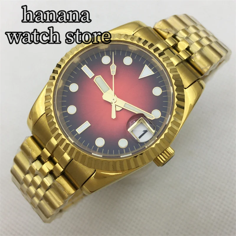 BLIGER 36mm39mm Luxury Automatic Gold Men's Watch Polished Gold Flute bezel Sapphire glass luminous NH35 movement