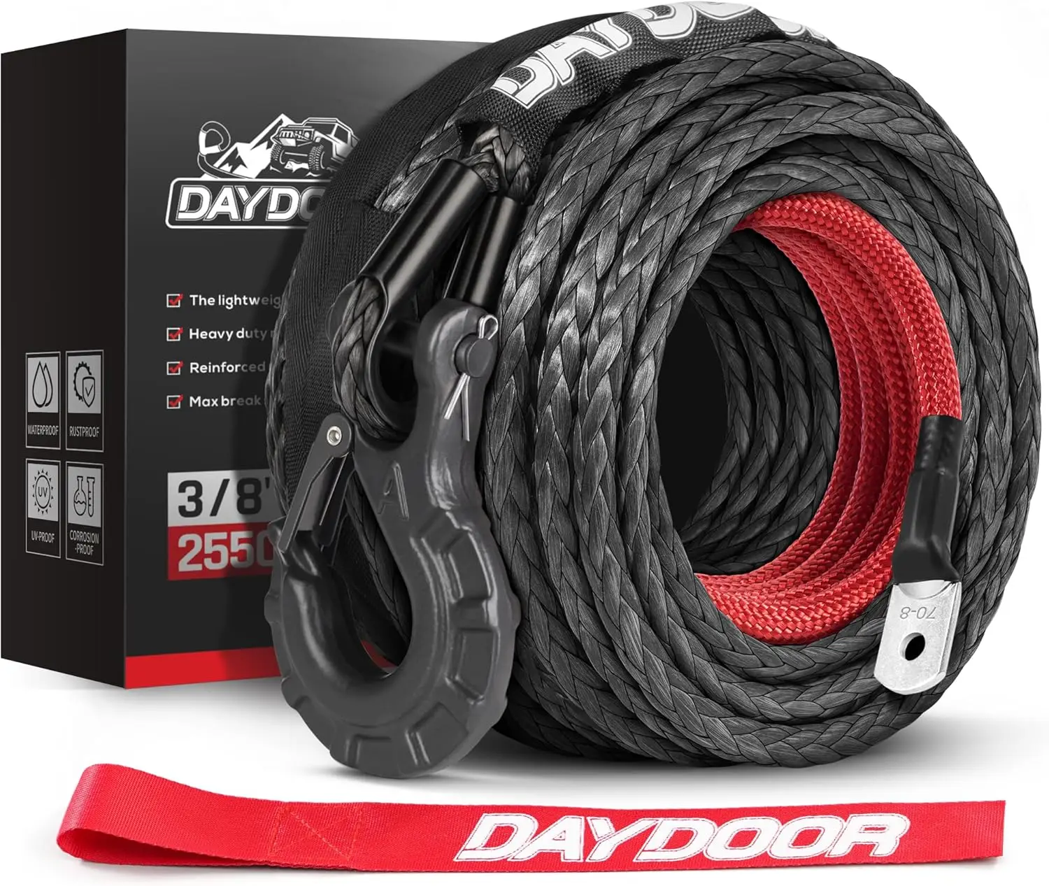 

3/8 Inch x 92ft Synthetic Winch Rope, 25,500 LBS Capacity for Offroad Vehicles and SUVs with Forged Hook