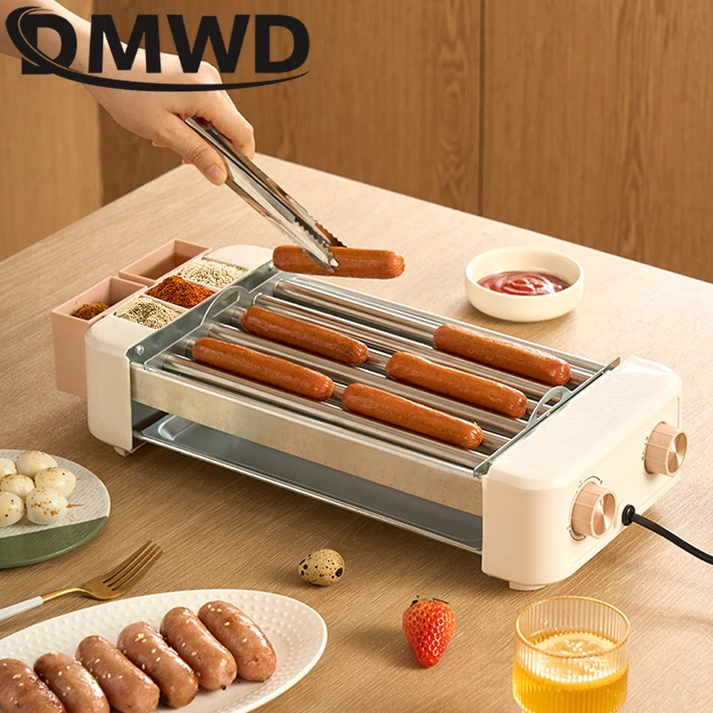 DMWD Household Electric Hot Dog Grill Mini 5 Rods Stainless Steel Roller Sausage Maker Corn Baking Barbecue Hotdog Machine