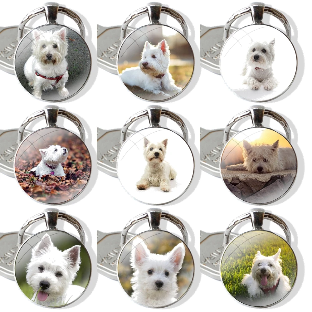 West Highland Terrier Westie Dog Glass Metal Pendant Key Chain Classic Men Women Key Ring Accessories Jewelry Gifts