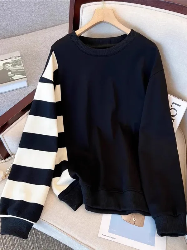 スリミング効果のある長袖Tシャツパーカー レディース 春秋 プラスサイズ ゆったり体型カバーデザイン 韓国風 ラウンドネック 1