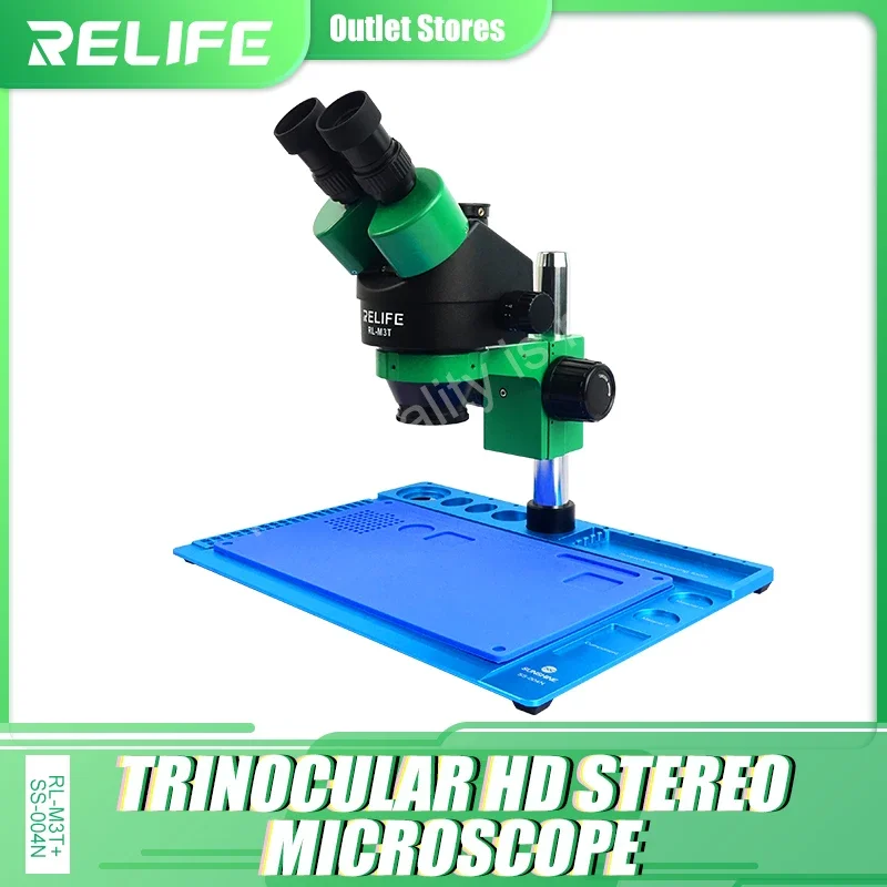 RELIFE RL-M3T+SS-004N 7X-45X Zoom Matched Trinocular Stereo Microscope With HDMI Camera LED Light for Mobile Repair Microscope