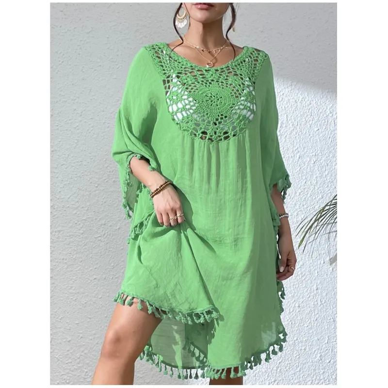 

Simple Solid Women's Beach Dress Summer Fashion Tassel Splicing Design Loose Dresses Ladies Sexy Swimsuit Bikini Beach Cover-up
