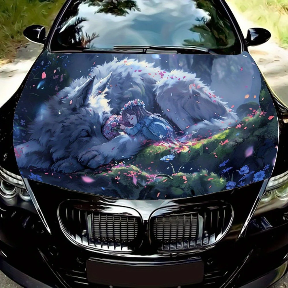 

Виниловая наклейка на капот автомобиля «Девушка и волк в сказочном лесу», наклейка на двигатель автомобиля, водонепроницаемая самоклеящаяся наклейка для автомобиля