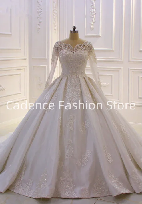 

Роскошное белое свадебное платье трапециевидной формы с длинными рукавами и аппликацией из бисера 2025, свадебные платья по индивидуальному заказу
