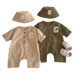 2024 Spring Baby Jumpsuit Hat Set Korean Cotton Workwear Toddler Romper Loose Casual Infant Onesie Baby Boy Clothes Suit