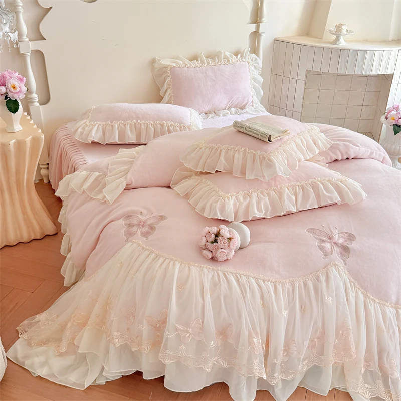 Butterfly Embroidery Lace Ruffles Princess Bedding Set Warm Velvet Duvet Cover Bed Sheet/Bed Skirt/Fitted Sheet Pillowcases 4Pcs