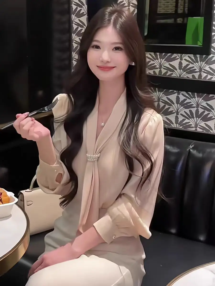 2025 Fashion Satin Blouse Women Tops Office Ladies Long Sleeve White Elegant Female Shirts With Tie V Neck Loose Clothing New