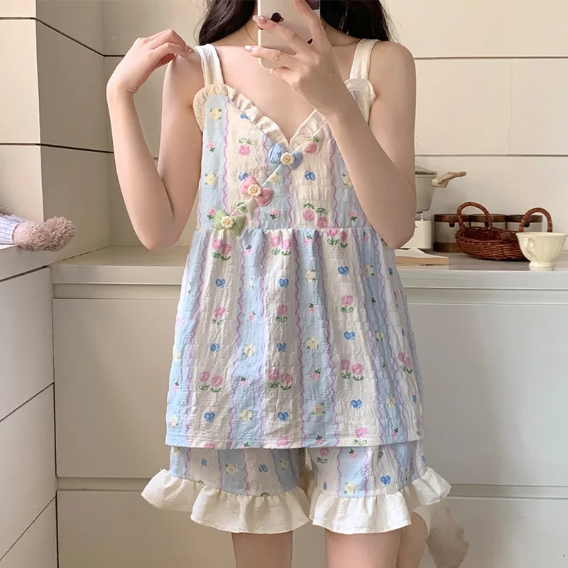 

Korean Women Pajamas with Chest Pad Vest Shorts 2 Pieces Set Summer Princess Cute Camisole Shorts Sleep Home Suit Пижама Женская