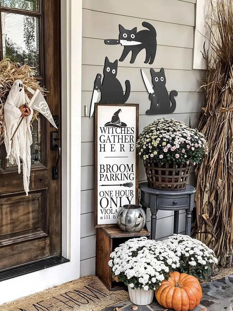 DecorHome Bedroom Door Frame Decorative SignHolding Cutter Black Cat Door Frame Decor 3pcs Wall Decorations Rustic Wall Art