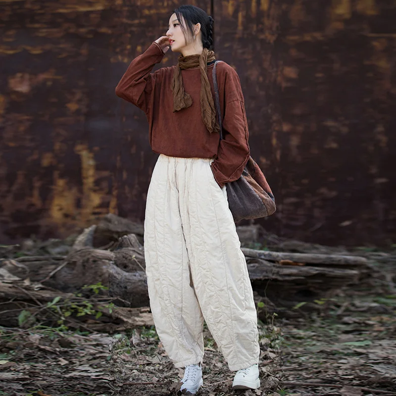 24-Panel Quilted Carrot Pants - Stonewashed Linen-Blend Winter Trousers