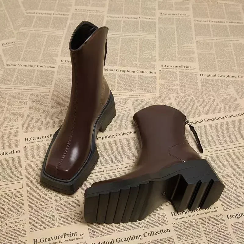 Women's Shoes on Sale 2024 High Quality Zipper Women's Boots Winter Square Toe Solid Short Barrel Chunky Heels Fashion Boots - Image 4