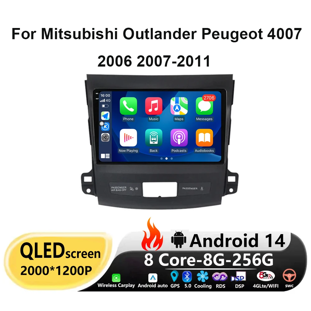 

360 Camera Android 14 For Mitsubishi Outlander Peugeot 4007 2006 2007-2011 Car Radio Video Player Navigation GPS Carplay Auto BT