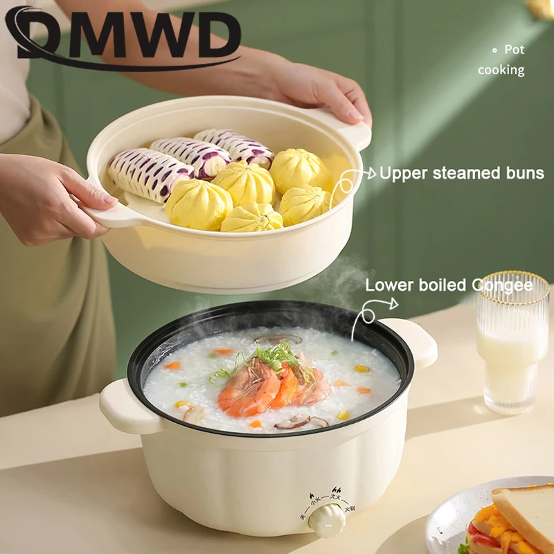 DMWD 2L Multifunctional Electric Cooker Heating Pan Non Stick Liner Hotpot Pasta Noodles Cooking Soup Stew Pot Eggs Rice Steamer