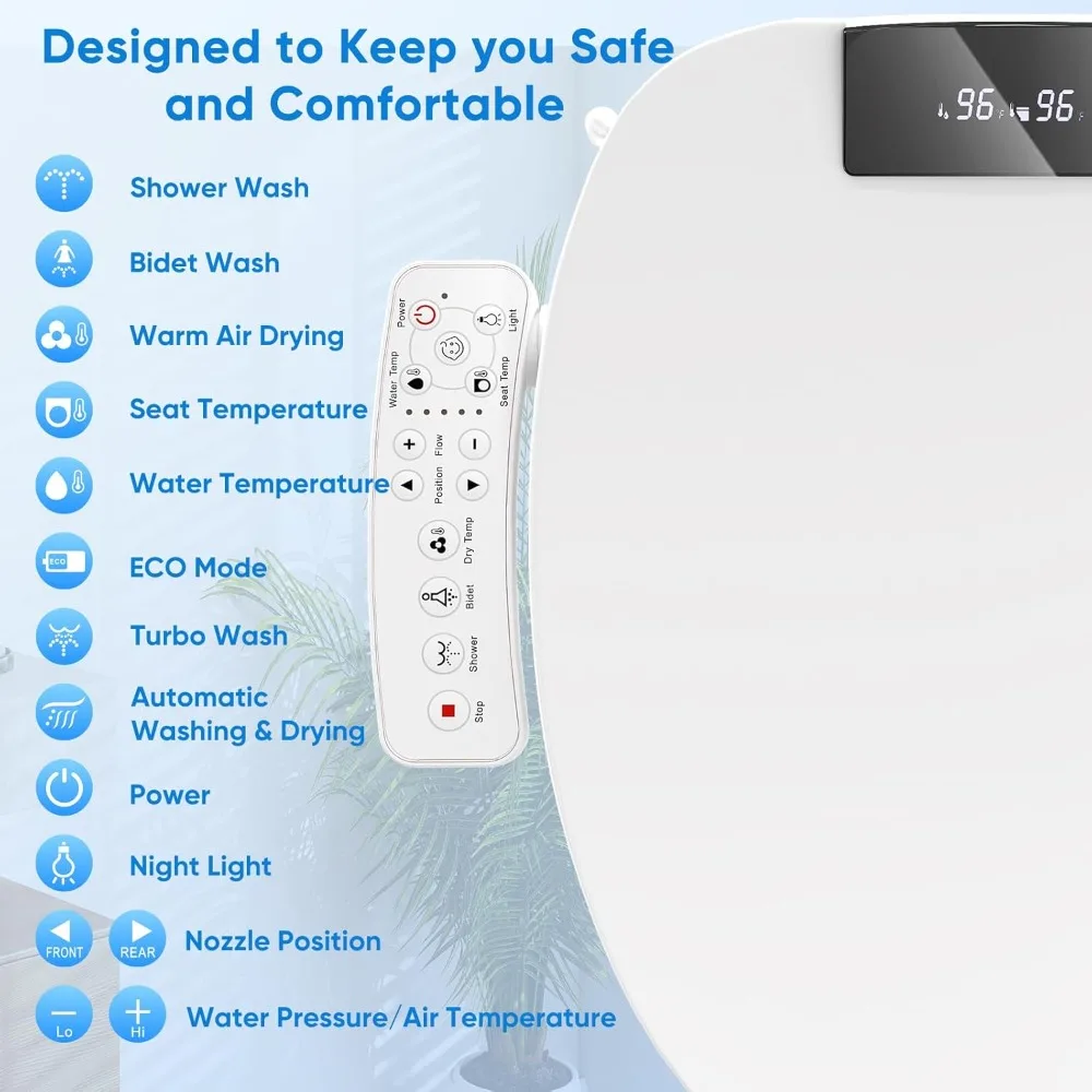 

Электрическое сиденье для унитаза для биде с подогревом сиденья, мытье теплой воды, осушитель воздуха, ночник и светодиодный дисплей
