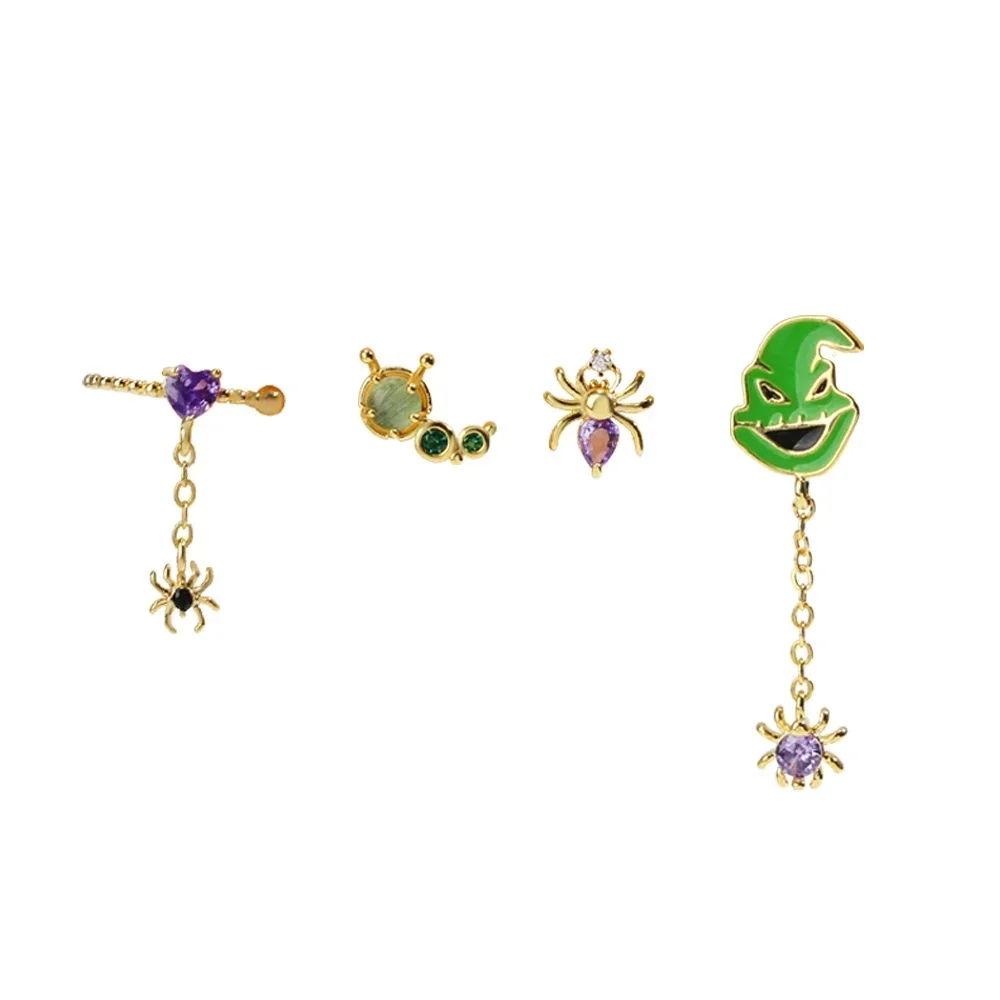 New Ins Punk Fashion Zircon Funny Cute Enamel Green Spider Ghost Cartoon Stud Earrings for Women Girls Party Jewelry Gifts view 2