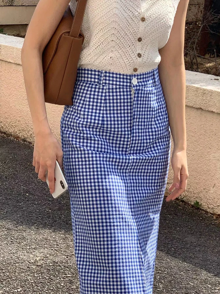 Modna spódnica w kratę damska z wysokim stanem, rozkloszowana spódnica midi, wiosna 2024, szykowna i stylowa, dopasowana długa spódnica.