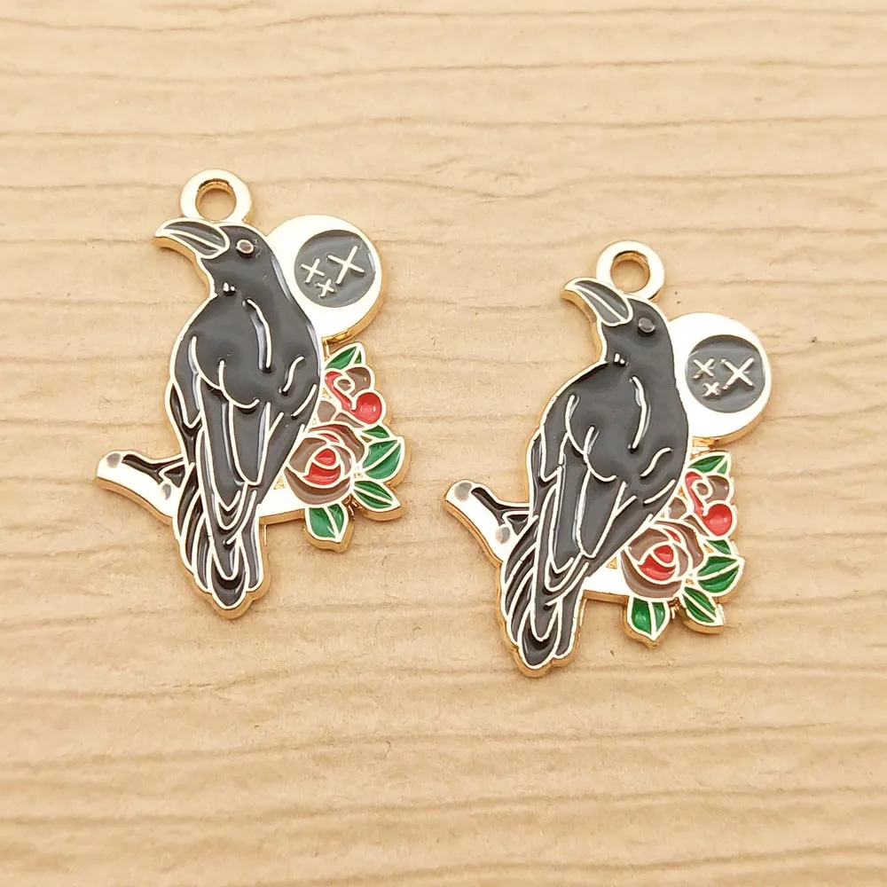 10pcs Flower Crow Charm for Jewelry Making Enamel Earring Pendant Necklace Bracelet Accessories Zinc Alloy Gold Plated