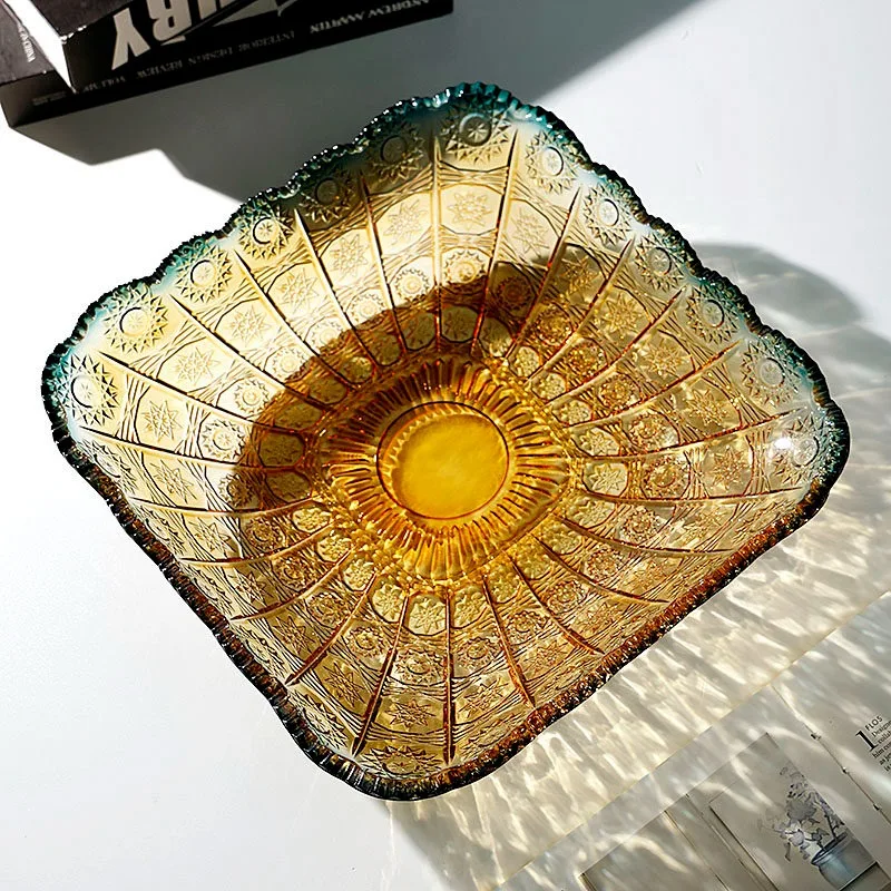 Light luxury relief crystal glass fruit plate European home living room large square dried fruit plate candy snack fruit basin