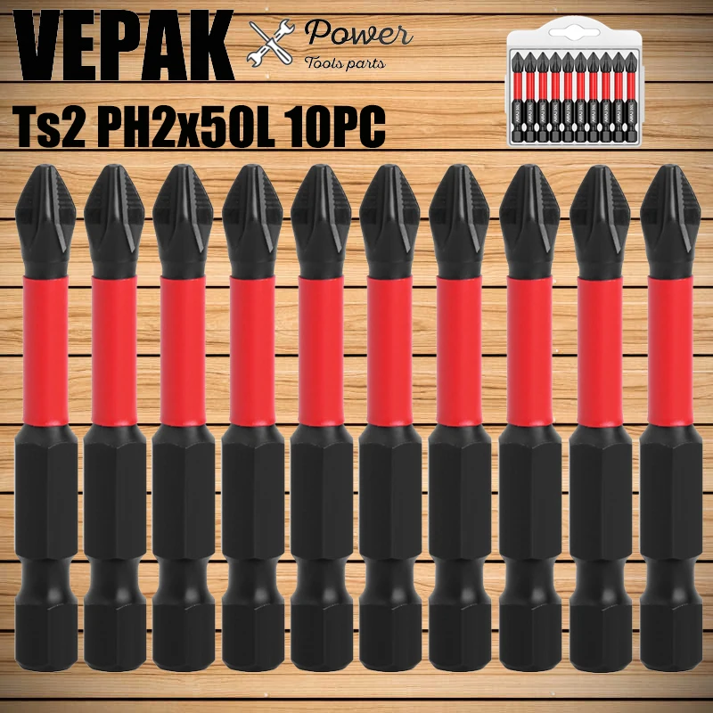 

VEPAK PH2 Drill Bits Ts2 50L Industrial Grade High Hardness Woodworking Metal Screw Head 10PC With Transparent Small Box