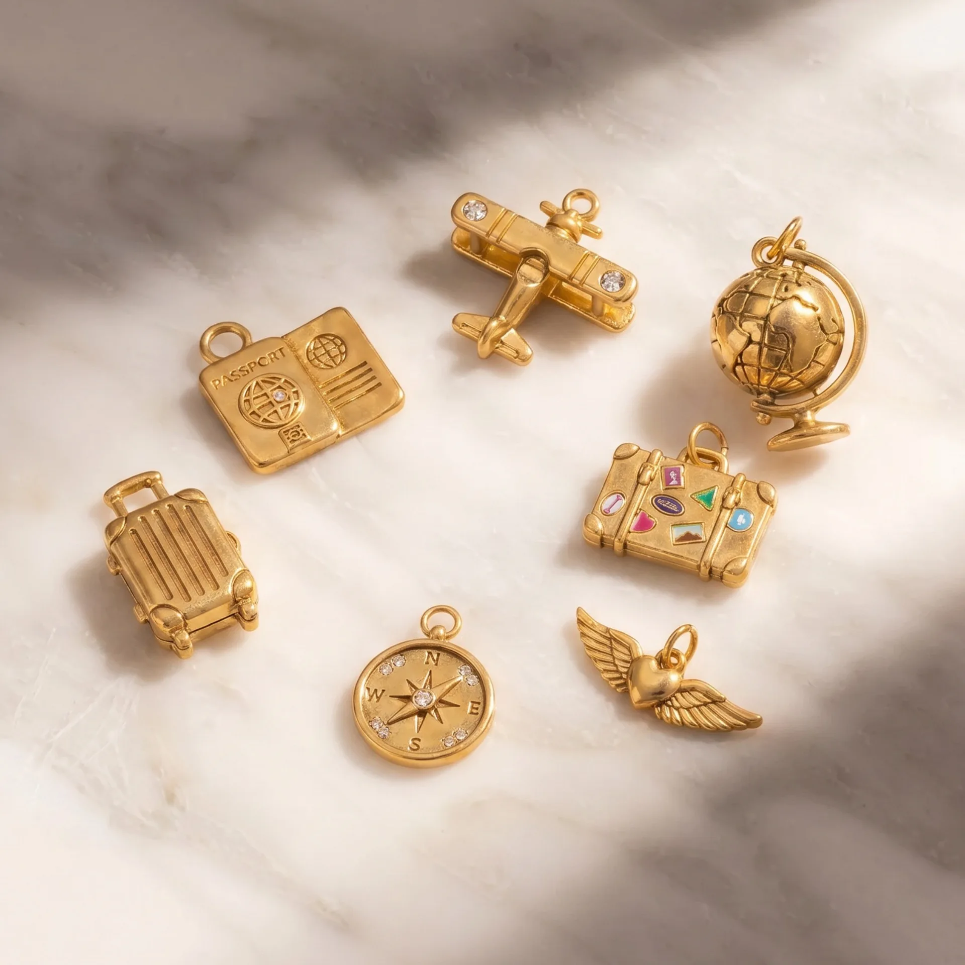 5Pcs Stainless Steel Travel Charms Plane Suitcase Pendants DIY Necklace Jewelry Making Accessories