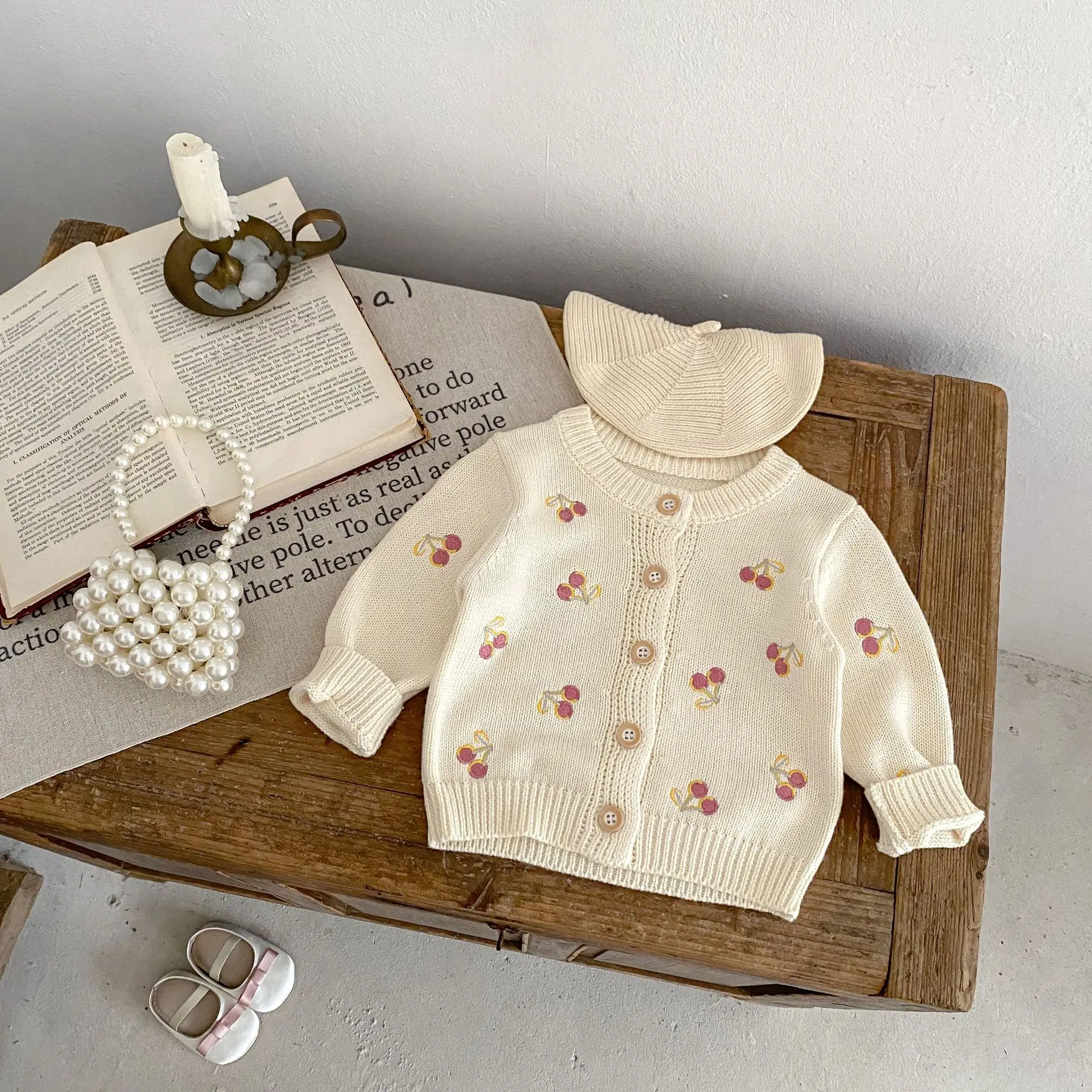 2024 Autumn New Baby Long Sleeve Knit Cardigan Infant Girls Cherry Embroidery Sweater Jacket Toddler Knitted Coat Kids Clothes