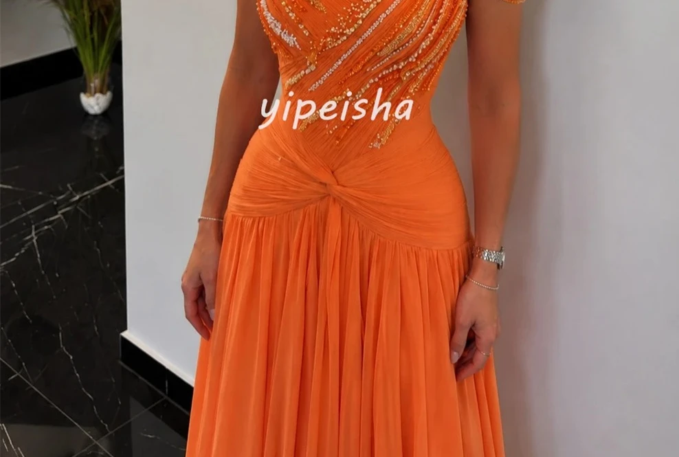 Customized Fashion Women Chiffon Beading Ruched A-Line Evening Dress Elegant Off-the-shoulder Sleeveless Floor Lenght Party Gown