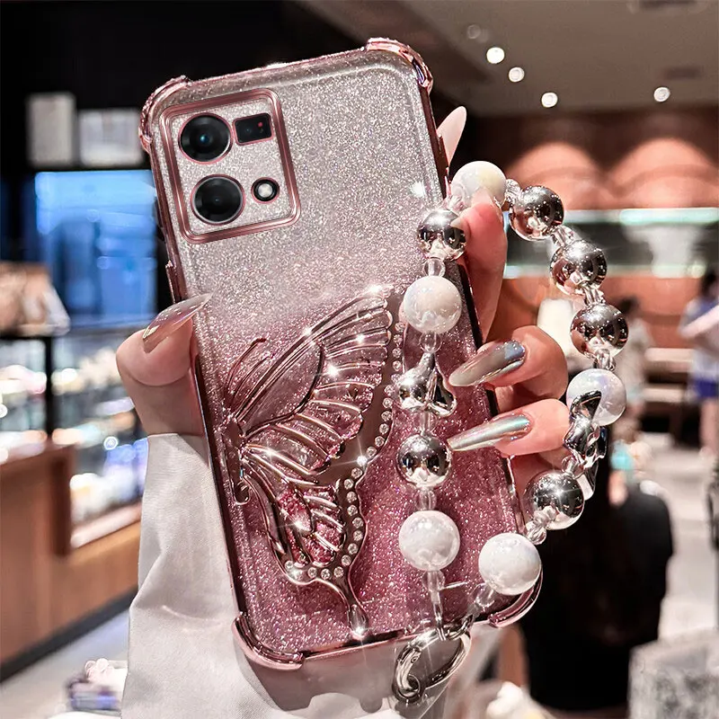 

New Cases For Oppo Reno7 4G Reno8 Reno9 Reno10 Pro Plus SE Lite Z T Glitter Quicksand Butterfly Bracelet Shockproof Holder Cover