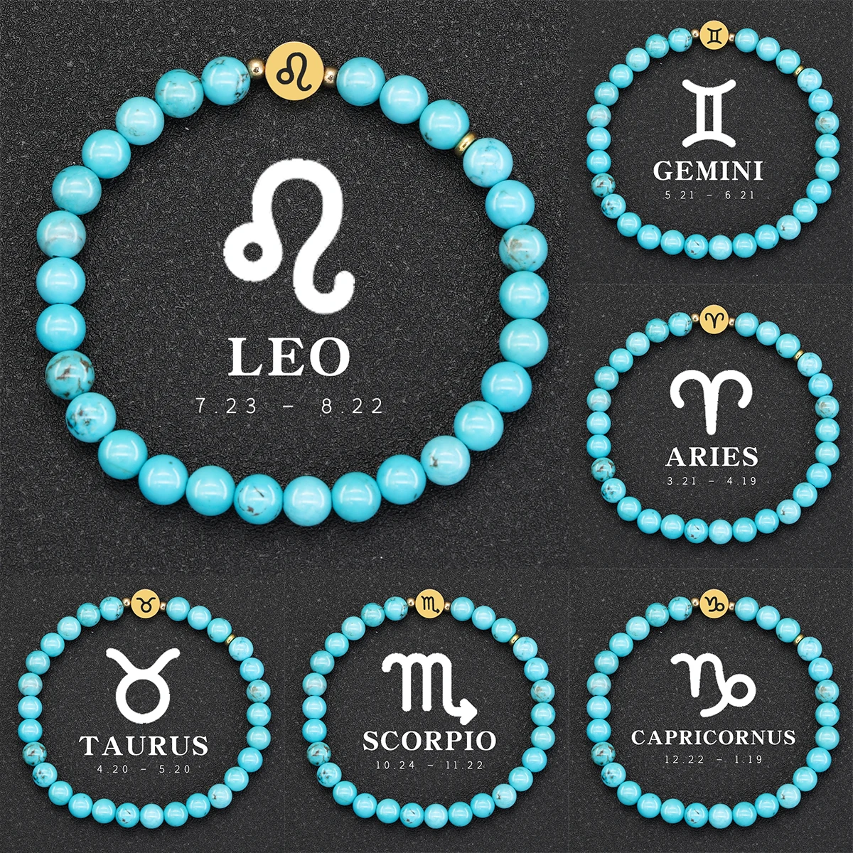 Natural Stone Turquoise Bracelet 6mm Stainless Steel 12 Zodiac Bracelet Scorpio Virgo Gemini Women Men Friendship Bracelets