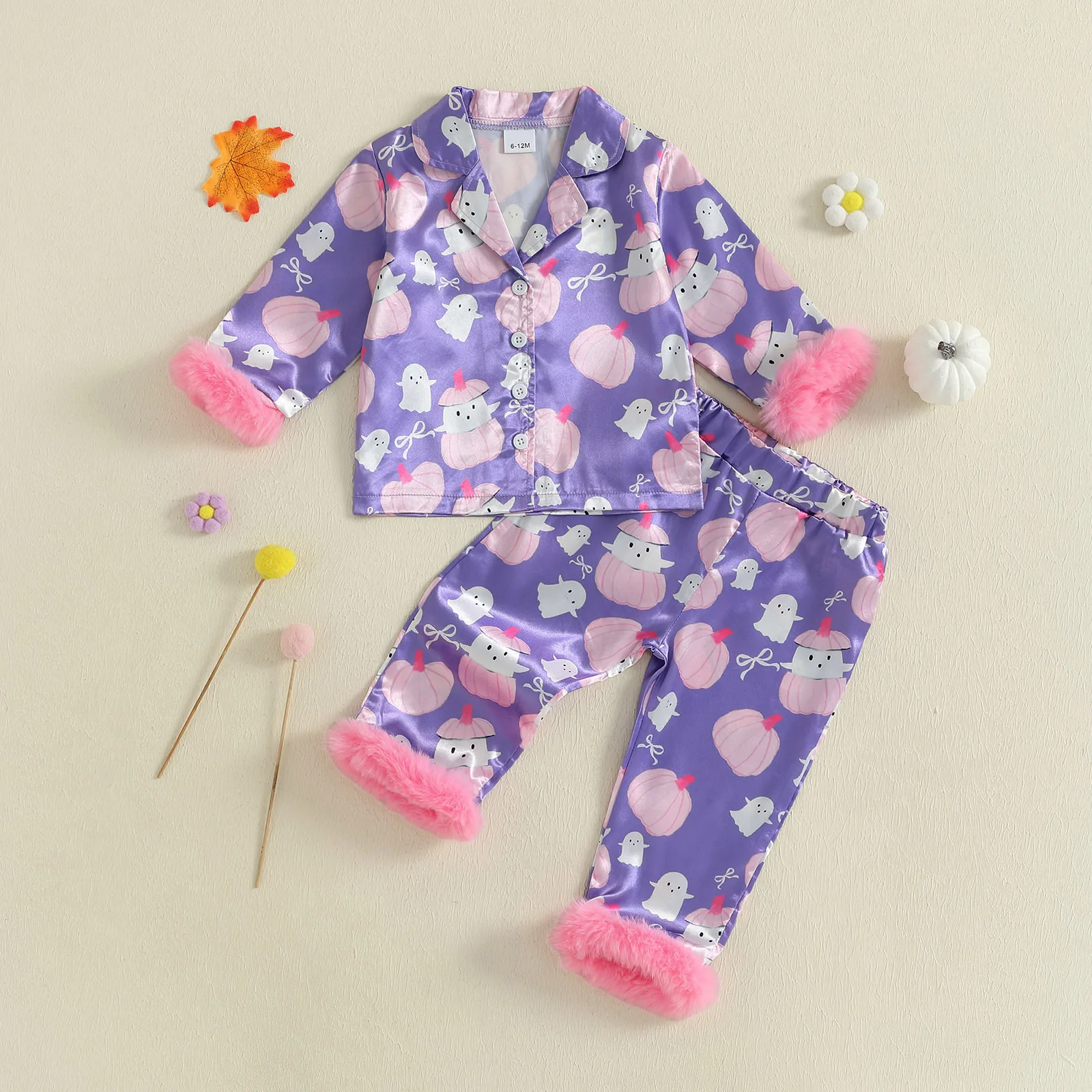 

Toddler Girls Halloween Pajamas Set Long Sleeve Fur Cuffs Button Down Shirts and Pants Two Pieces Sets Satin Sleepwear