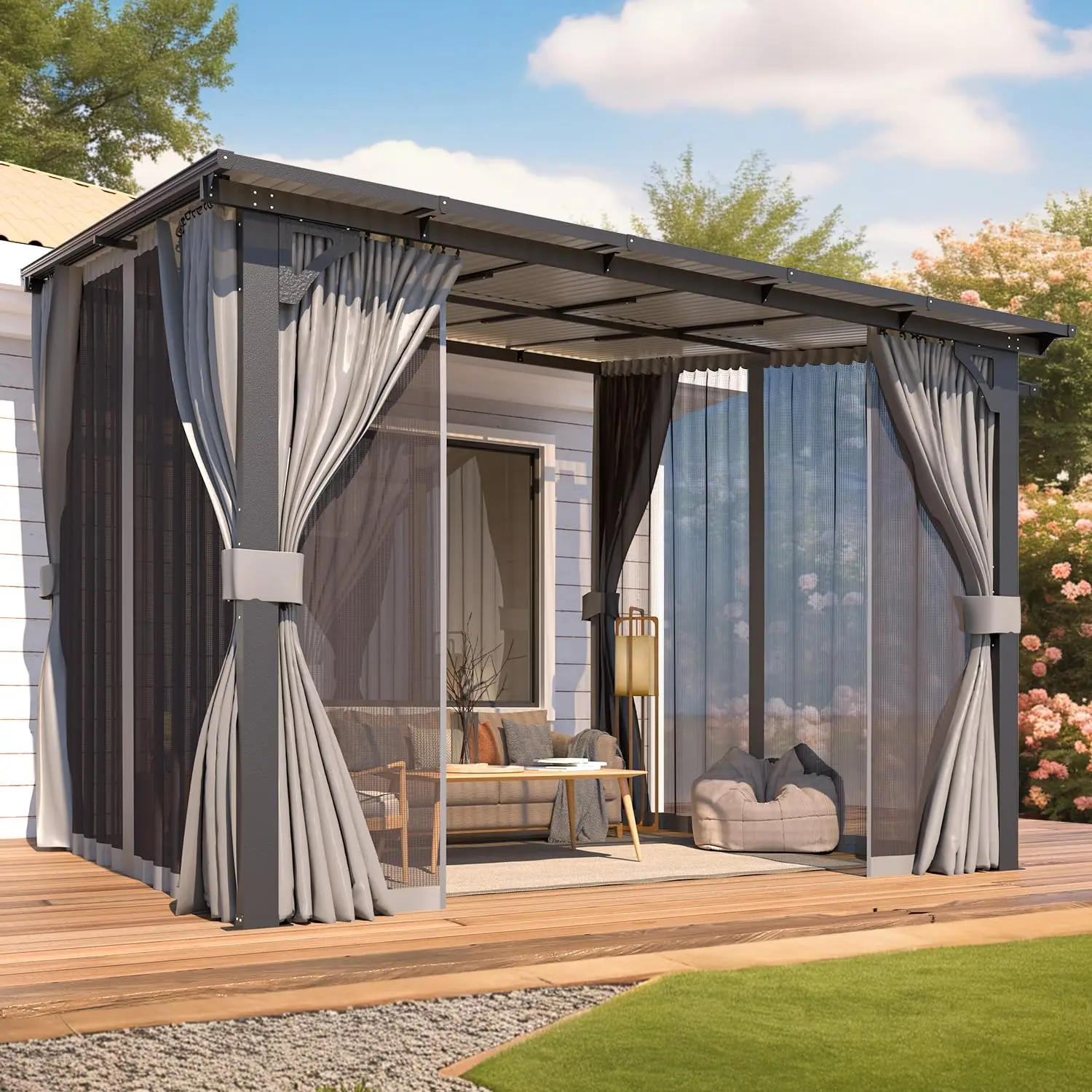 

10’ x 10’ Gazebo, Wall Mounted Gazebos Pergola with Curtains and Mosquito Netting, Enhanced Protective Outdoor, Customized