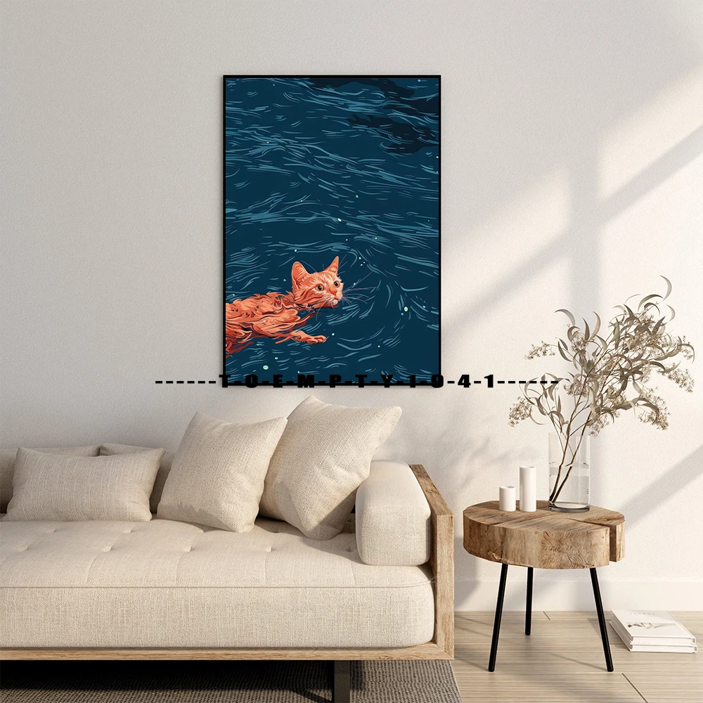 Cartoon Kitty Swimming Illustration Poster Cats Aesthetic Art Modern Decor Prints Wall Decoration Ginger Cat Canvas Wall Decor