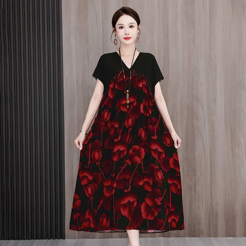 Oversized Women Clothes Office Lady Patchwork O-neck Midi Dress Ladies Fashion Printing Loose Vintage Dress Women's Floral Dress