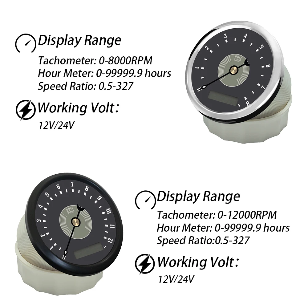 85mm Classical Tachometer 0-8000RPM 0-12000RPM Gauge Meter with Hourmeter with Backlight 12V 24Volts for Car Limousine