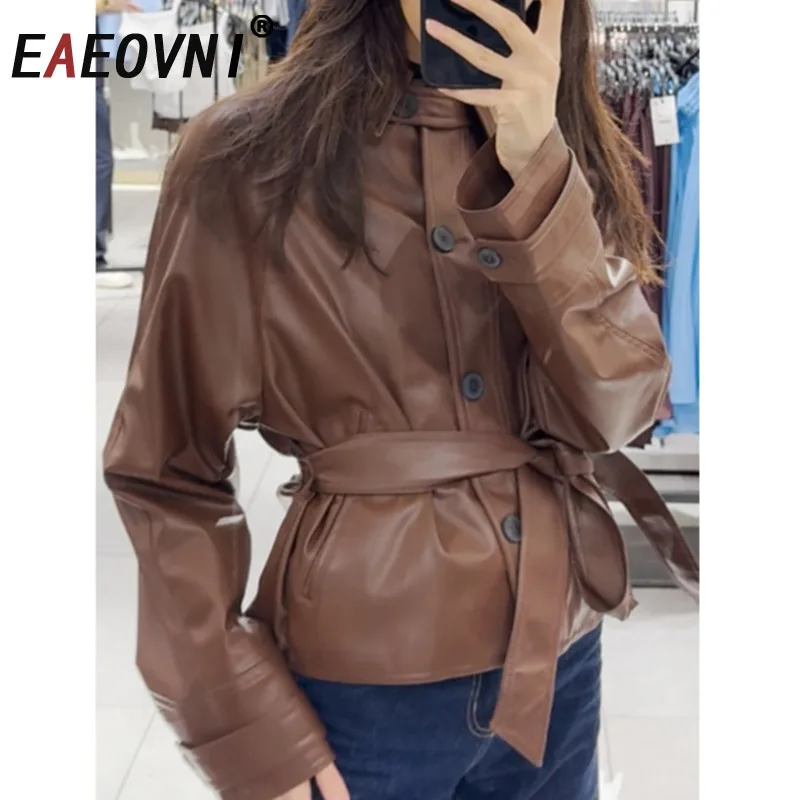 

EAEOVNI Vintage PU Leather Jacket For Women Fashion Brown Lapel Button Belt Gathered Waist Short Coat Streetwear 2025 Autumn New