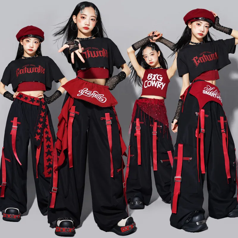 

Комплект одежды для девочек: черный укороченный топ и брюки карго в стиле хип-хоп, уличная одежда для детей, костюм для девичьей группы, одежда для подростков в стиле K-pop, уличных танцев и джаза