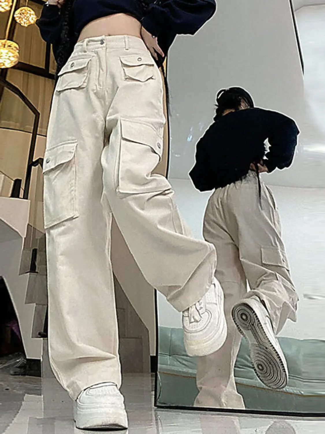 

Women's Wide Leg Cargo Pants Multi Flap Pocket Utility Trousers Loose Fit Streetwear Heavy Canvas Pants