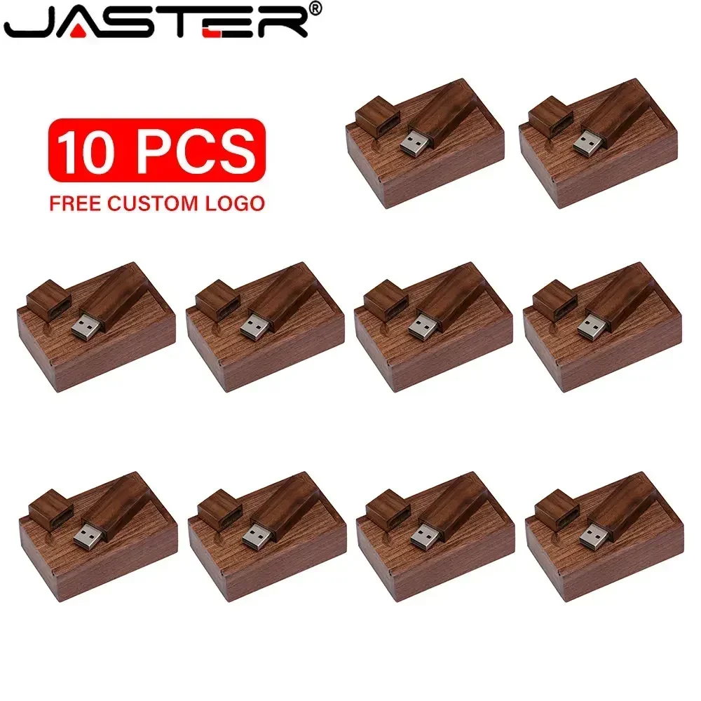 

JASTER 10PCS/LOT Wooden USB 2.0 Flash Drives 128GB Free LOGO 64GB Pen Drive with box Memory Stick Creative Business gift U disk