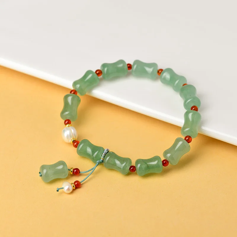 Natural Green Dongling Jade Bamboo Pearl Bracelet Women's High-rise Retro Simple