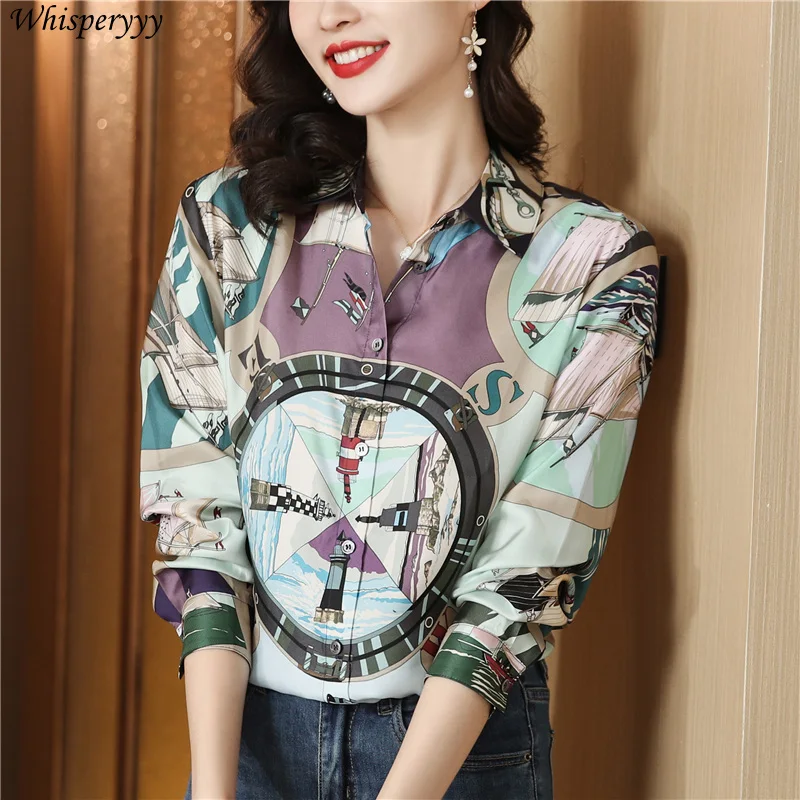 Printed Long Sleeve Blouse for Women Fashion Lapel Chemise Femme Vintage Single-breasted Tops Spring Autumn Casual Blusas Mujer