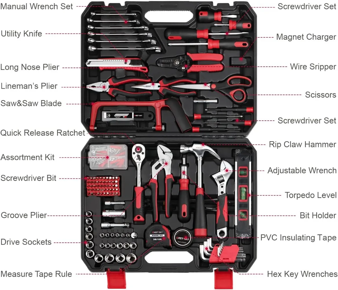 218-Piece Household Tool Kit,Tool Kits for Homeowner, Plier, Screwdriver Set, Socket Kit and Toolbox Storage Case,Black + Red