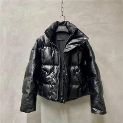 Owen Seak Men Cotton Jacket PU Leather Gothic Style Men's Clothing Winter Snow Zipper Solid Black Coat Size XL