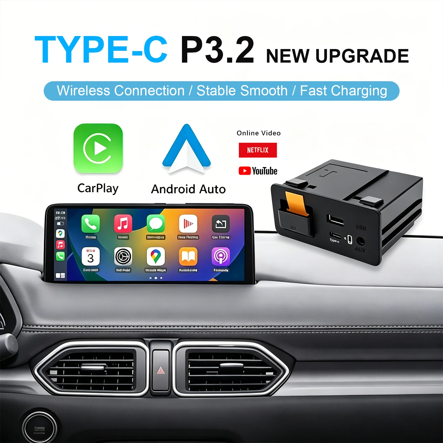 P3.2 Upgrade Type-c 2-in-1 CarPlay Wireless Android Auto USB Hub Adapter for Mazda 2 3 6 CX3 CX5 CX8 CX9 MX5