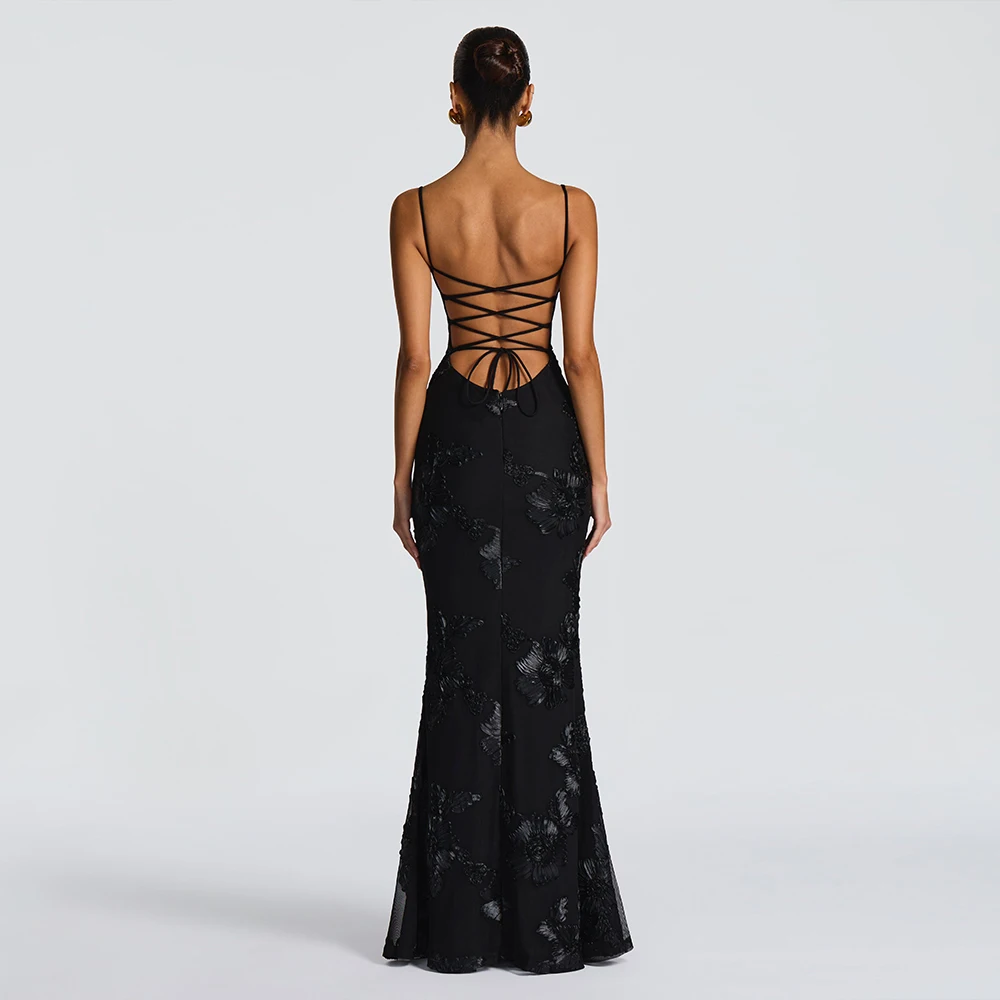 Suninheart Backless Mermaid Dress Women Formal Occasion Elegant Lace Up Dress Mesh Embroidery Evening Party Dress - Image 5