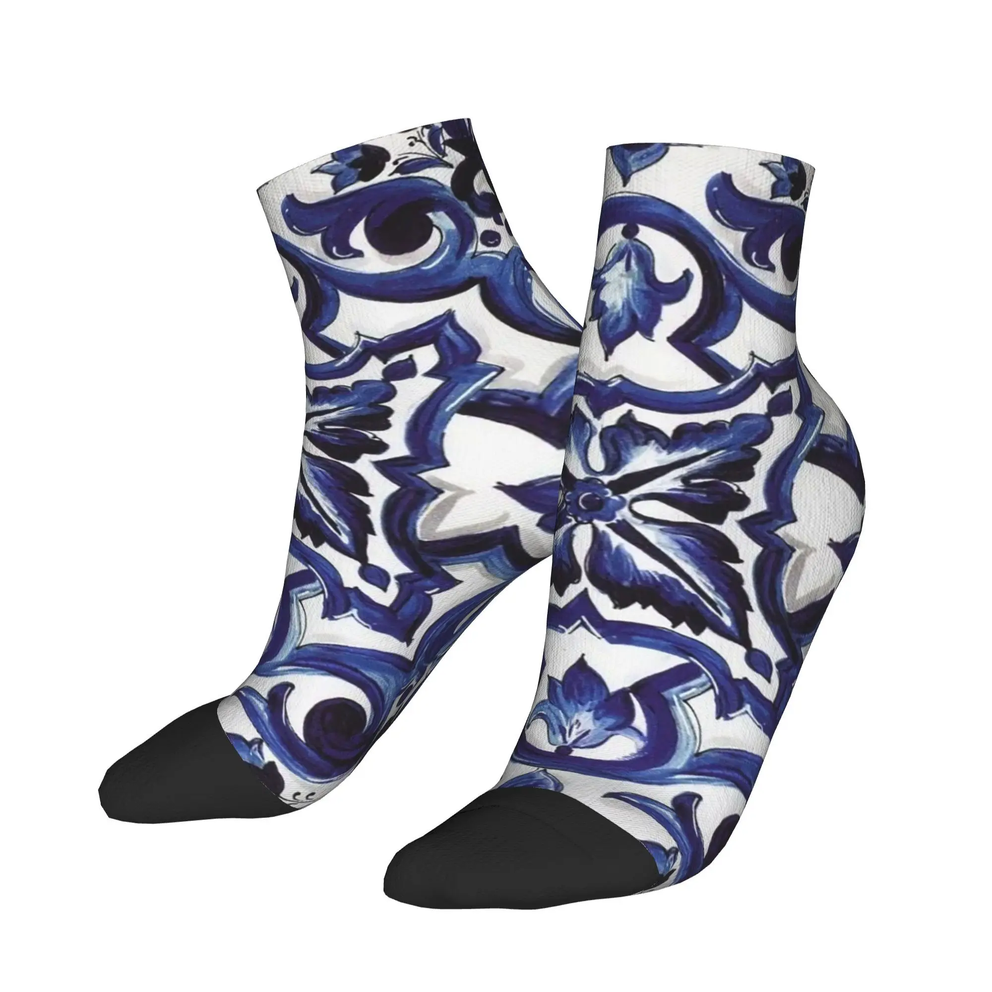

Blue Ornate Floral Mediterranean Sicilian Tile Socks Harajuku Stockings All Season Socks Accessories for Unisex Gifts