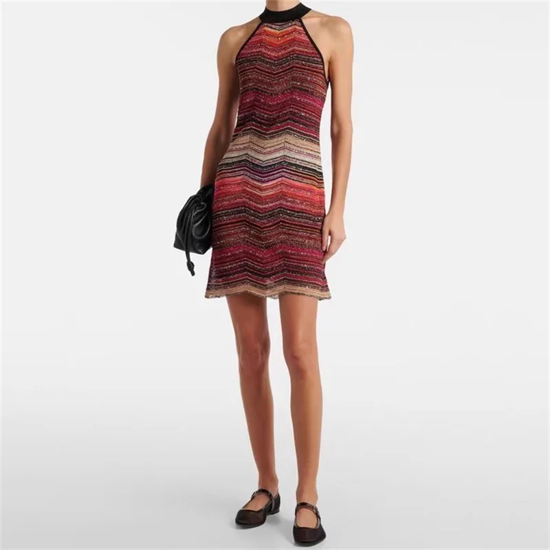 

Women's dress New elastic knitted slim fit sleeveless mini dress for summer 2025 Metal yarn blended striped short dresses y2k