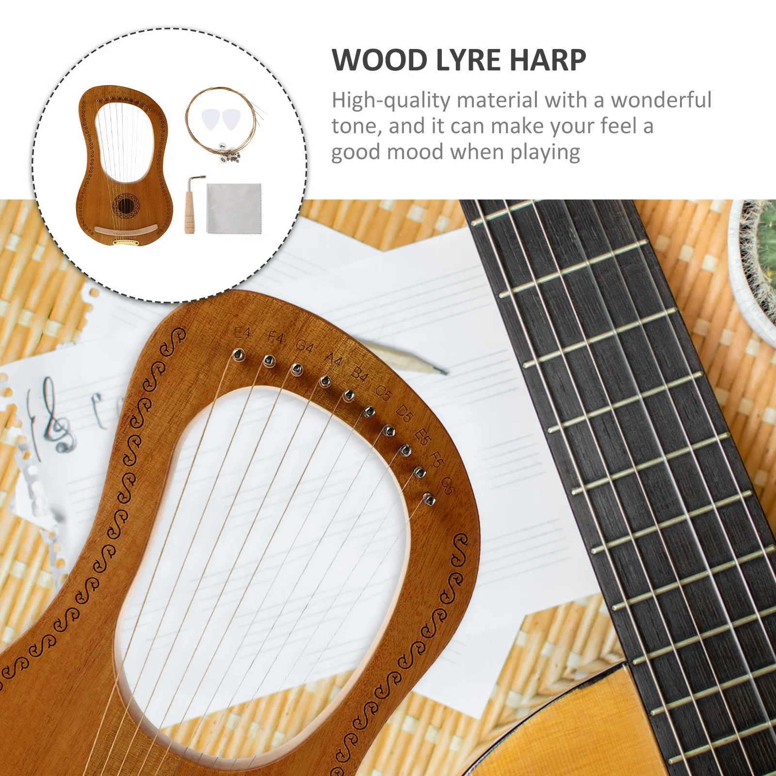 

1Set Lyre Harp Wood 10 String Small Lightweight Handheld Portable Instrument Bright Tone for Beginner Children