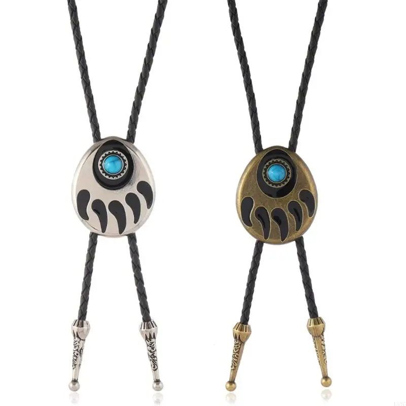 

L5YC Vintage Bolo Tie Turquoises Stone Bear Claw Adjustable Rodeos Fashion Accessory